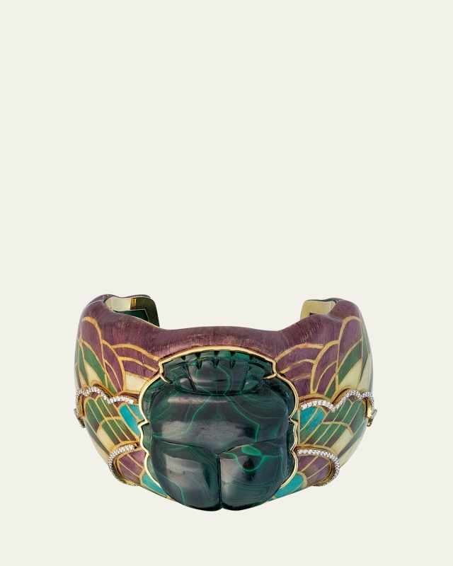 18K Yellow Gold Egyptian Marquetry Bracelet with Light Brown Diamonds and Malachite Scarab